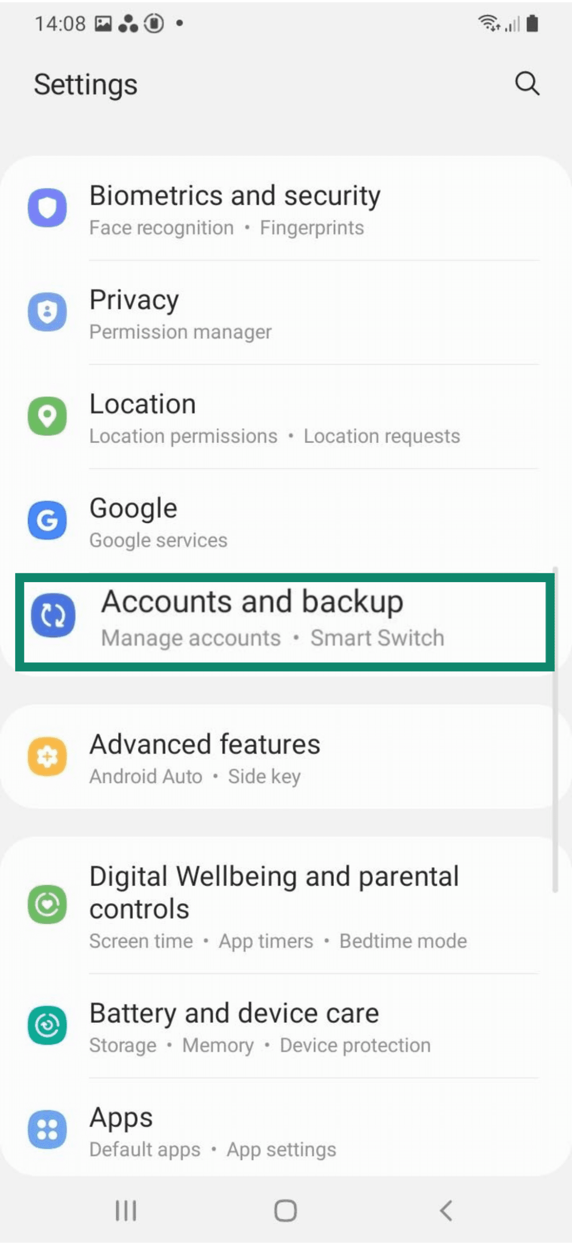 Opción Cuentas y copia de seguridad en un dispositivo Android.