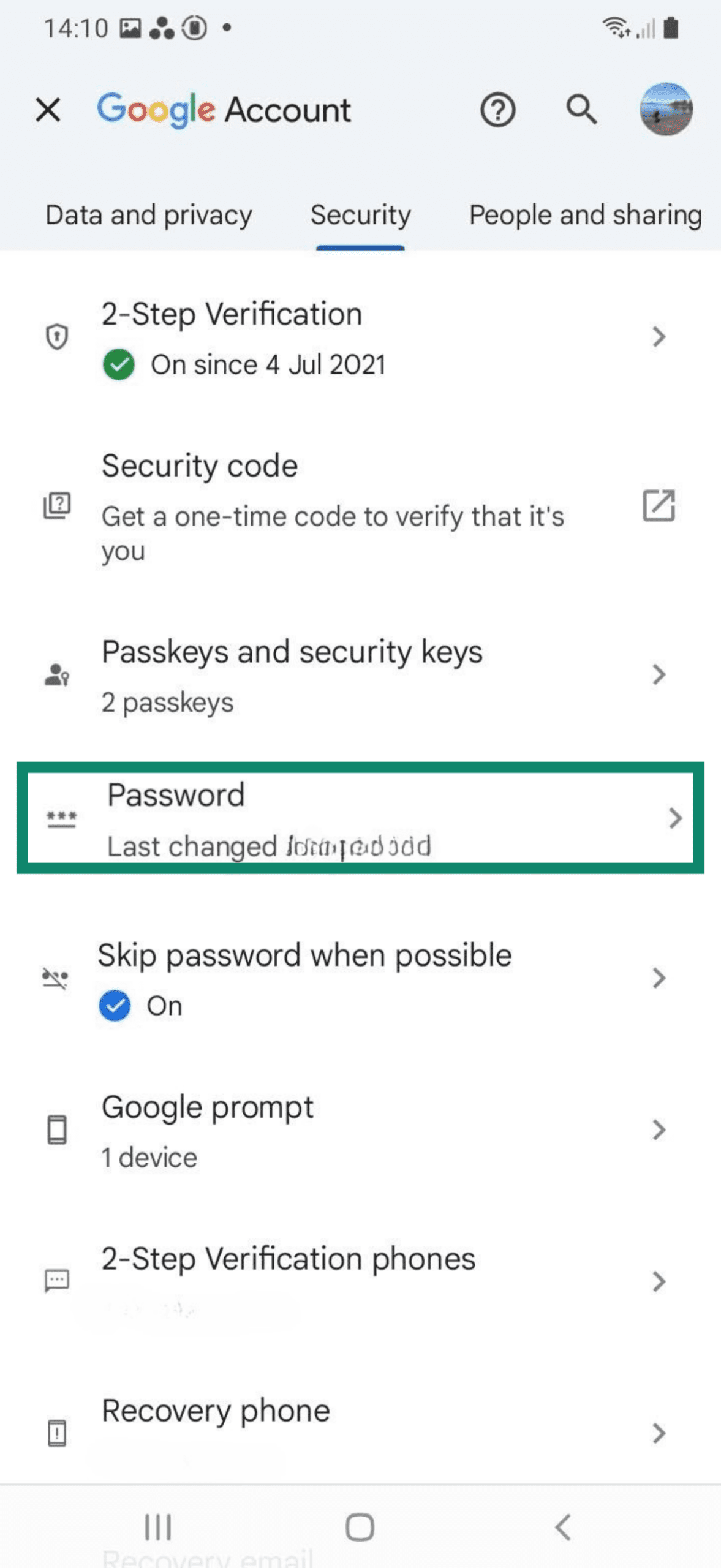 Configuración de la contraseña para la cuenta de Google en un dispositivo Android.