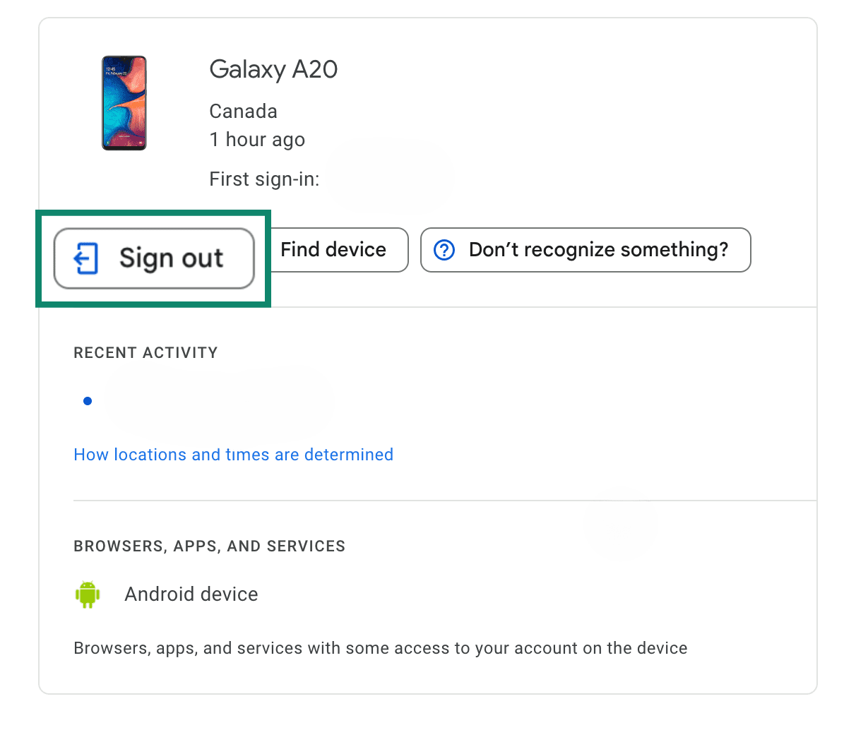 Opción para cerrar sesión en dispositivos de Google.