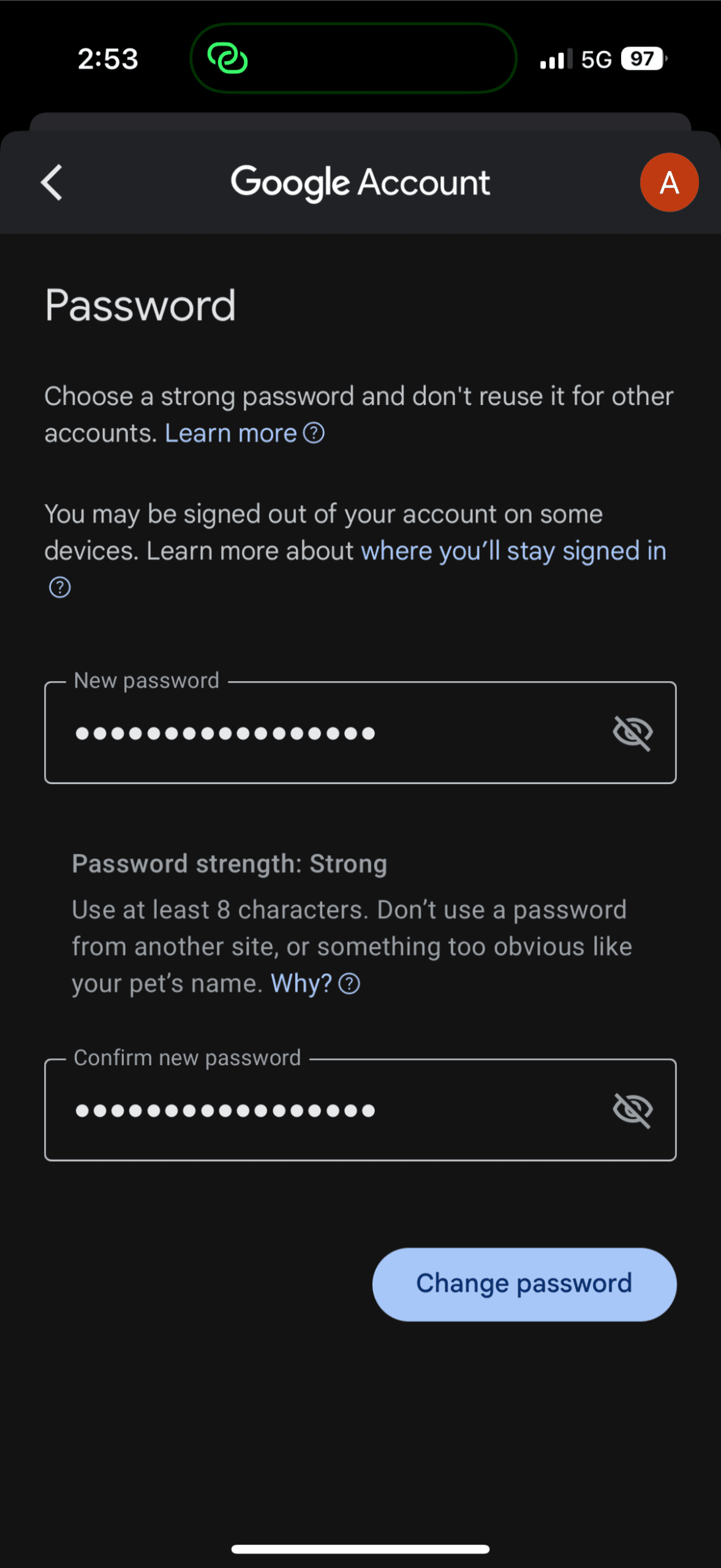 Página Cambiar contraseña en la aplicación de Gmail en iPhone.