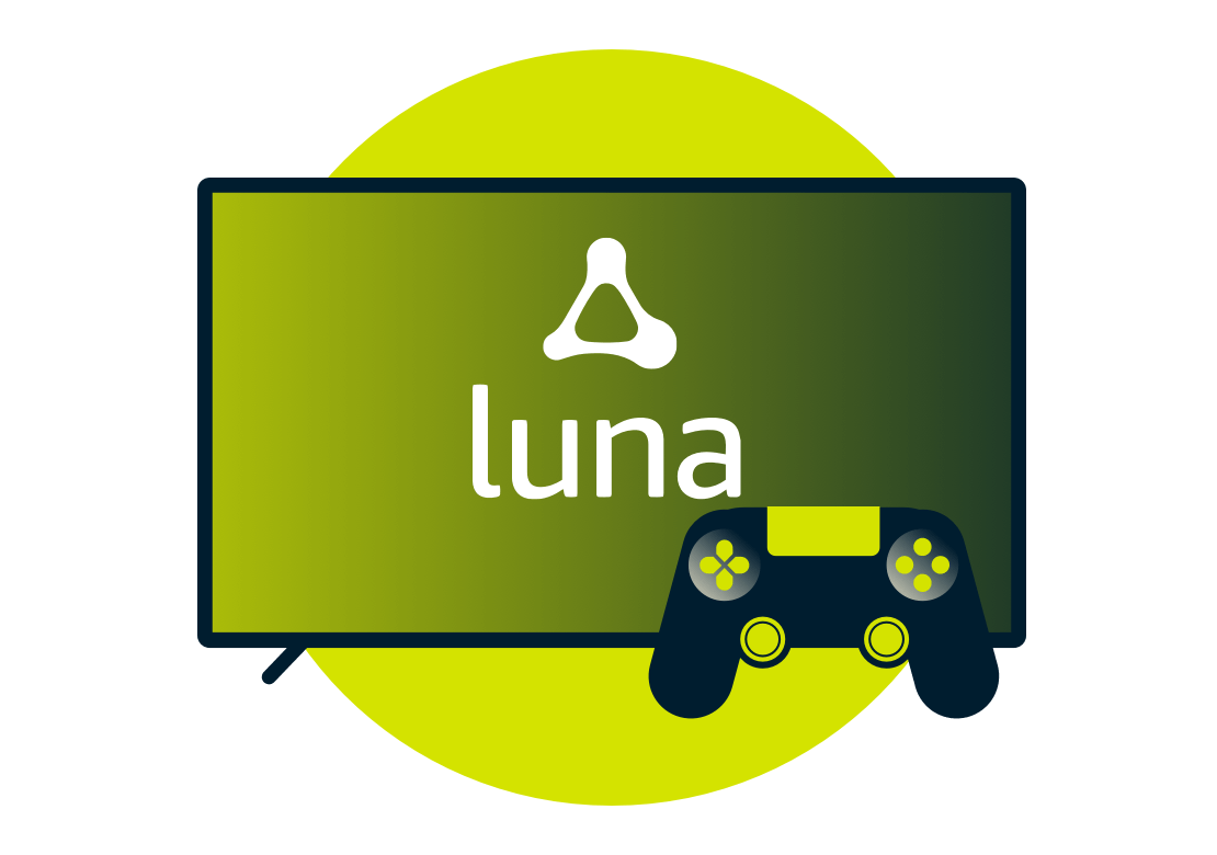 Amazon Lunan logo n&auml;yt&ouml;ll&auml;, joka vieress&auml; on peliohjain.